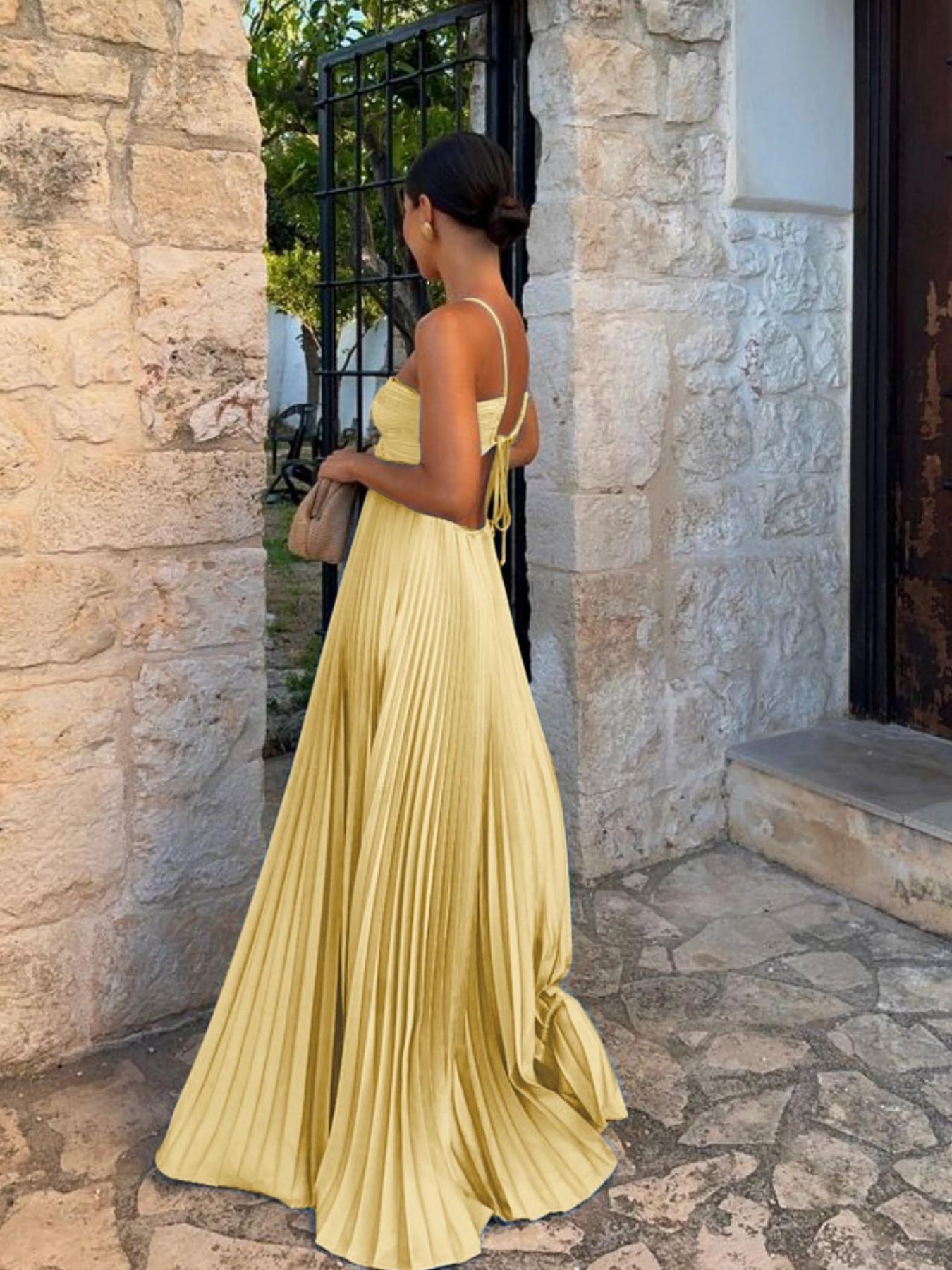 Women's Pleated Halter Neck Sleeveless Maxi Dress with Adjustable Strap, High-Waist Backless A-Line Dress with Back Tie, Elegant Aesthetic Solid Summer Dress