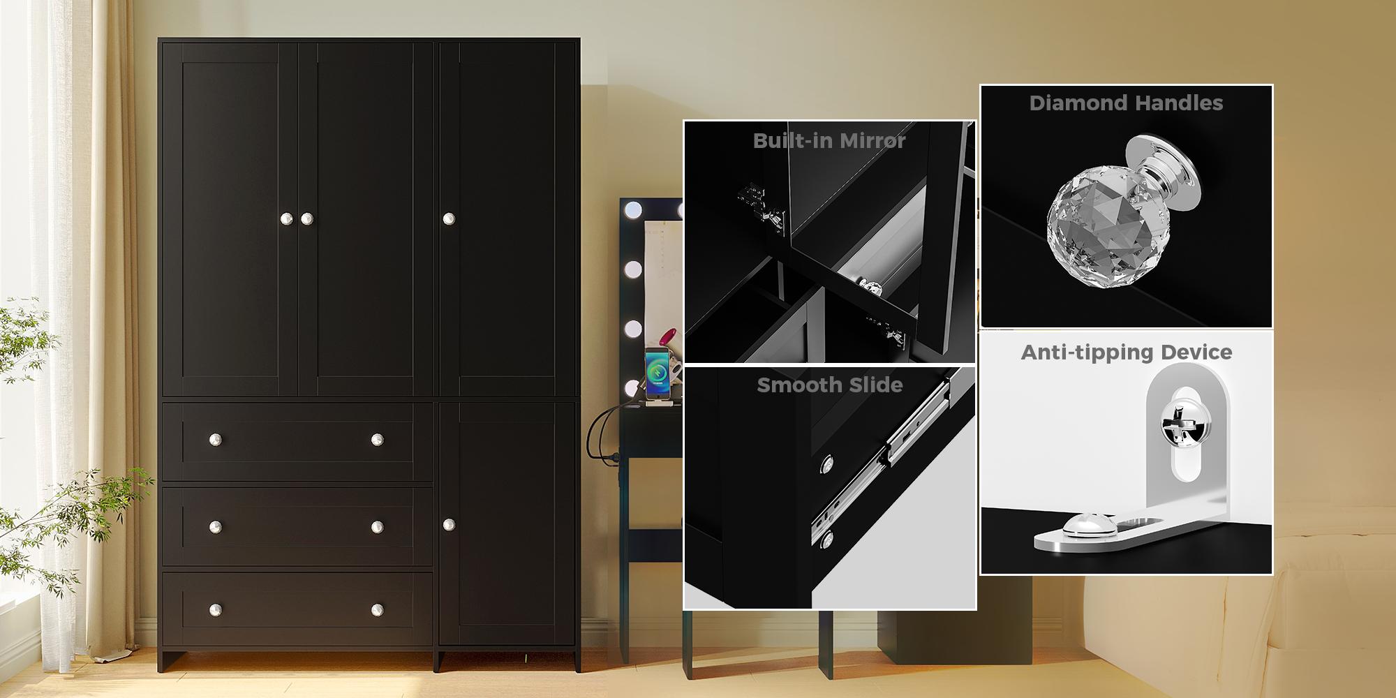 【2 Packages Delivery】VOWNER Wardrobe Closet Armoire Storage Cabinet 3 Doors with Hanging Rod for Hanging Clothes Bedroom Large Capacity Tall Freestanding Armoire Organizer with Shelves particle board