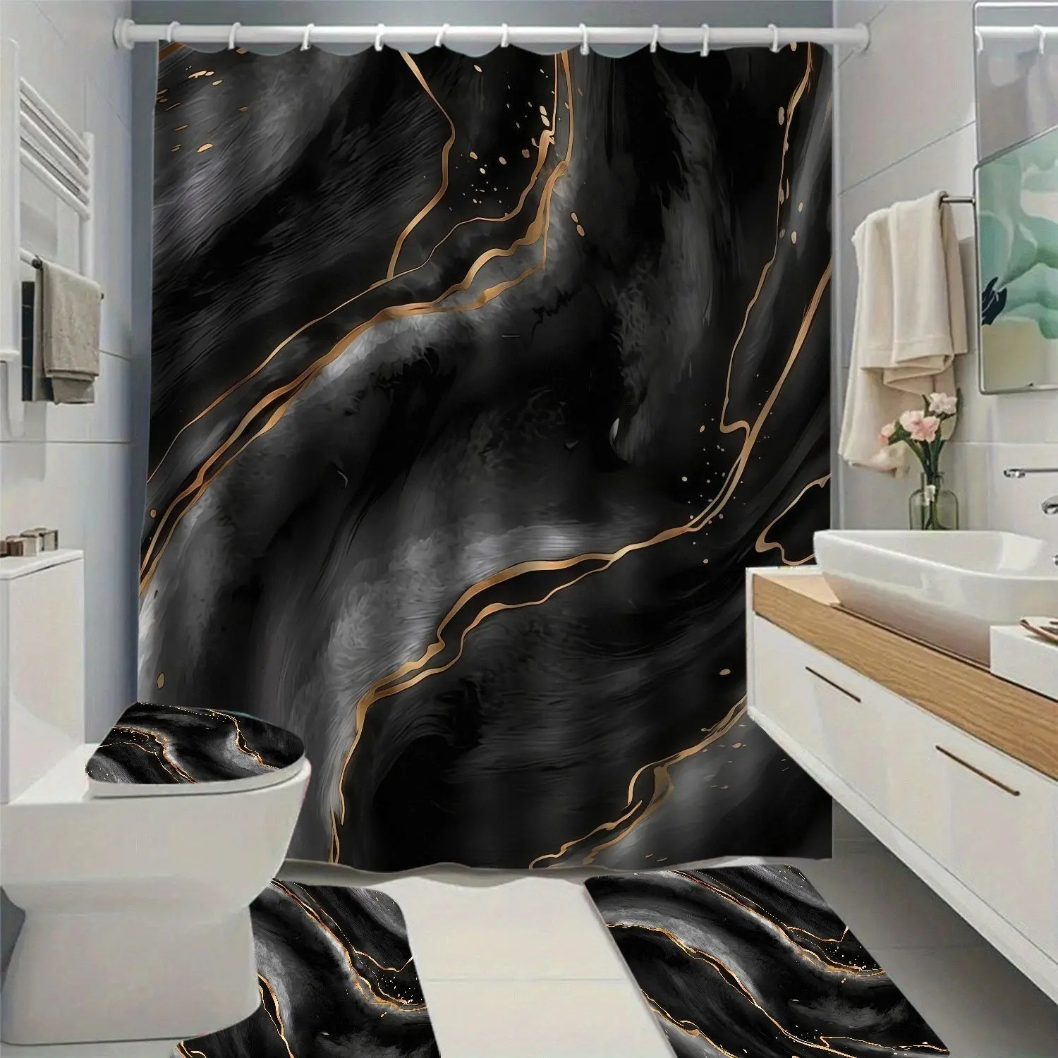 Gold Marble Print Shower Curtain Set, Modern Luxury Style, 100% Polyester, Waterproof, Bathroom Home Decor