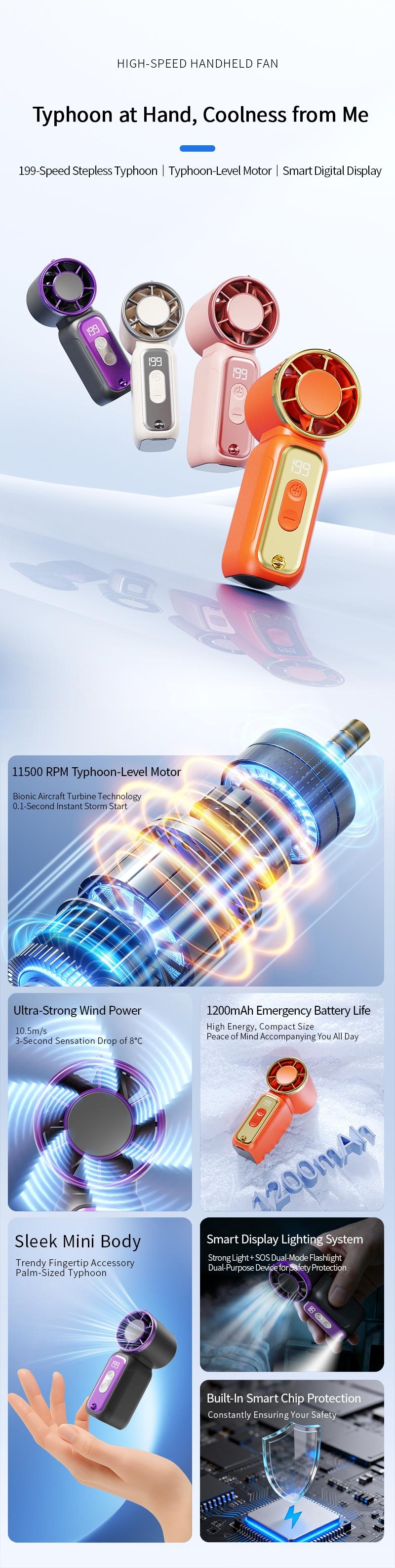 Adjustable in 199 positions, handheld fan cooling board, high wind speed and airflow, portable design, suitable for use in homes and offices, durable and efficient.