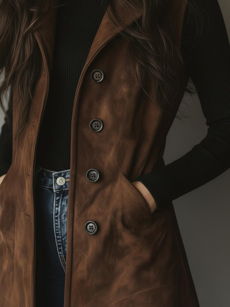 Women's Fashion Commuter Vintage American Collar Jacket Mid-Length Vest, Button Front, Fitted, Knee Length, Fall & Winter