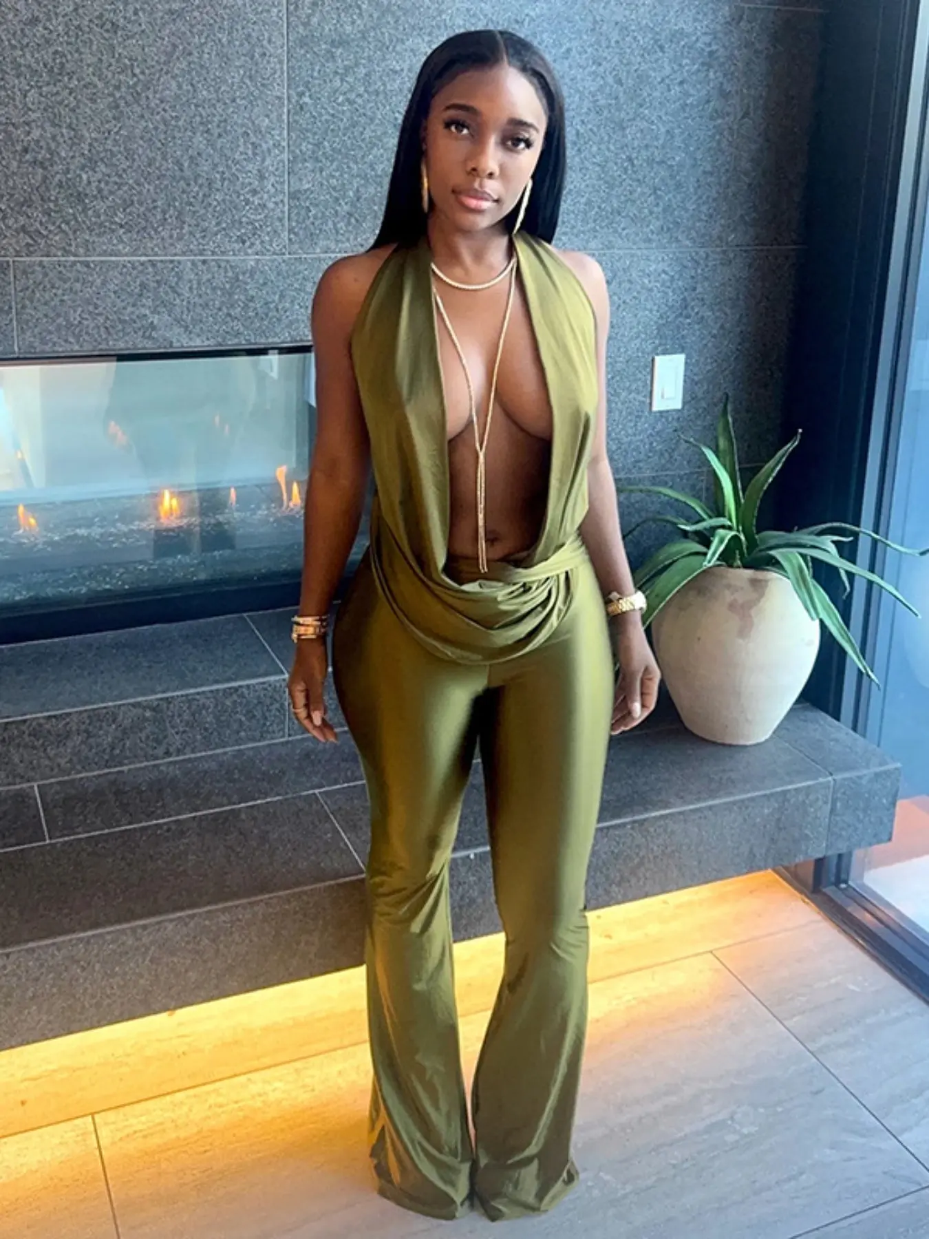 Halter Draped Flared Jumpsuit, Women Backless Self Tie Bodycon Long Loungewear Pants, Soft Stretch Home Casual Daily Wear For Ladies