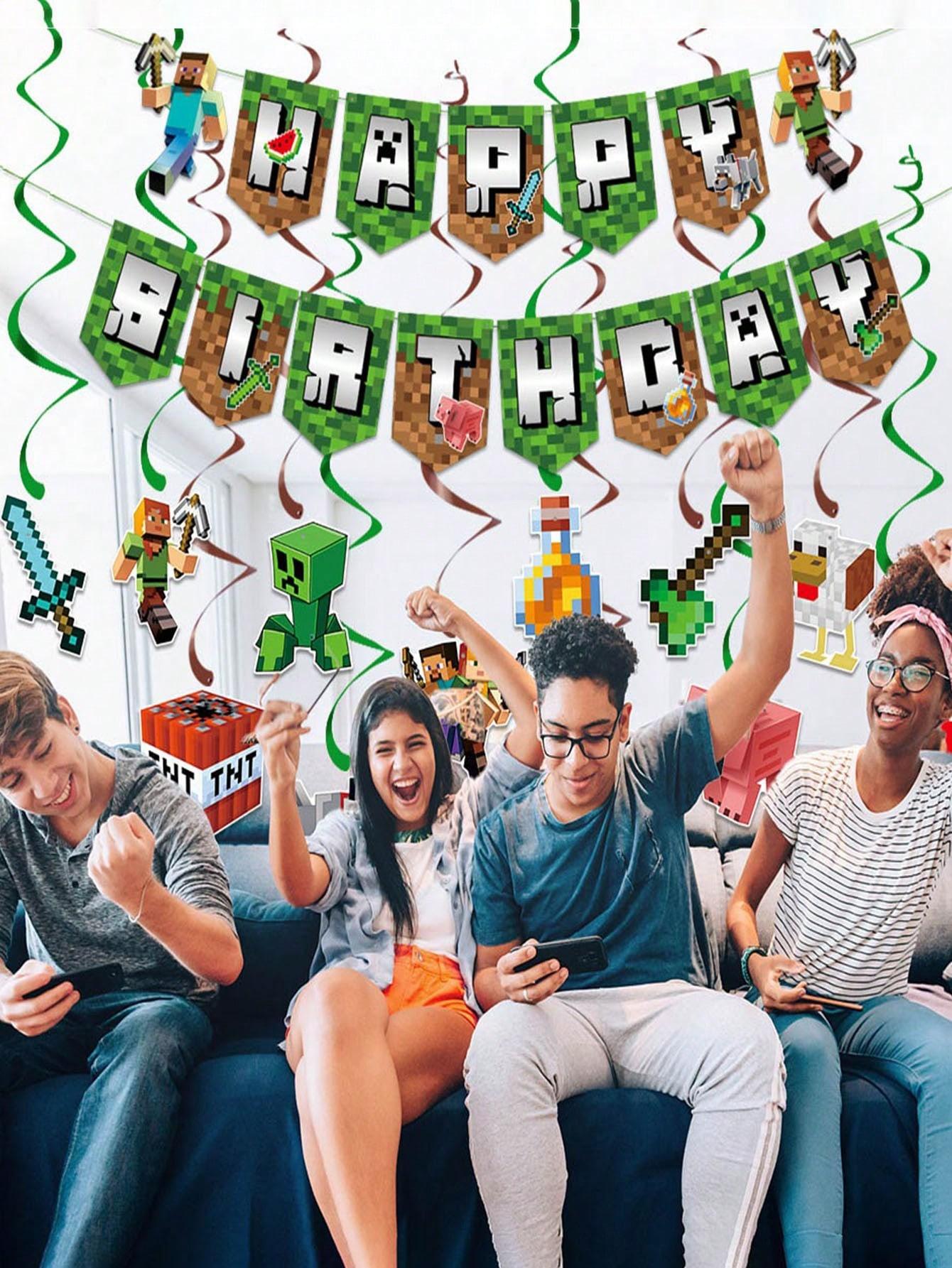 Pixel Art Game Theme Birthday Party Banner Set, Spiral Hanging Decorations, Wall & Background Decoration, Holiday Party Supplies