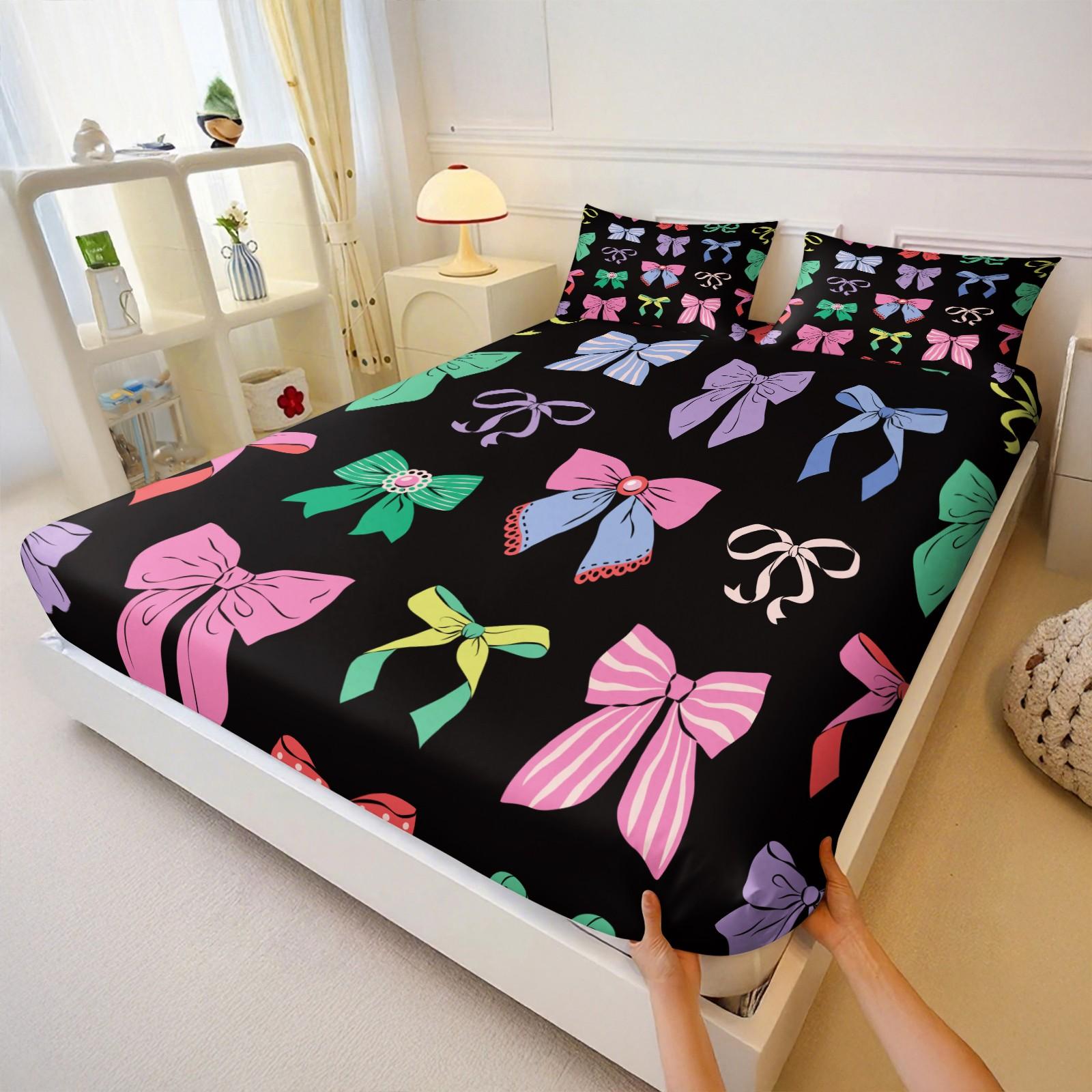 3Pcs Lovely Coquette Bow Printed Fitted Sheet Set, Sweet Y2K Style Bed Sheet Set, Soft Wrinkle-Resistant Microfiber, Vibrant Digital Print, Deep Pocket Design, Ideal for Girls Bedroom, Dorm & Guest Room All-Season Decor - No Filling