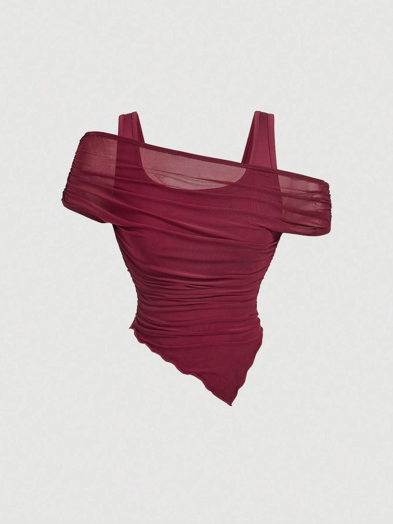 1 Spring Summer Off Shoulder Mesh Crop Top Women | Burgundy Sleeveless Ruched Asymmetric Top with Lining | Y2K Baddie Coquette Style for Date Night Club Party Wear