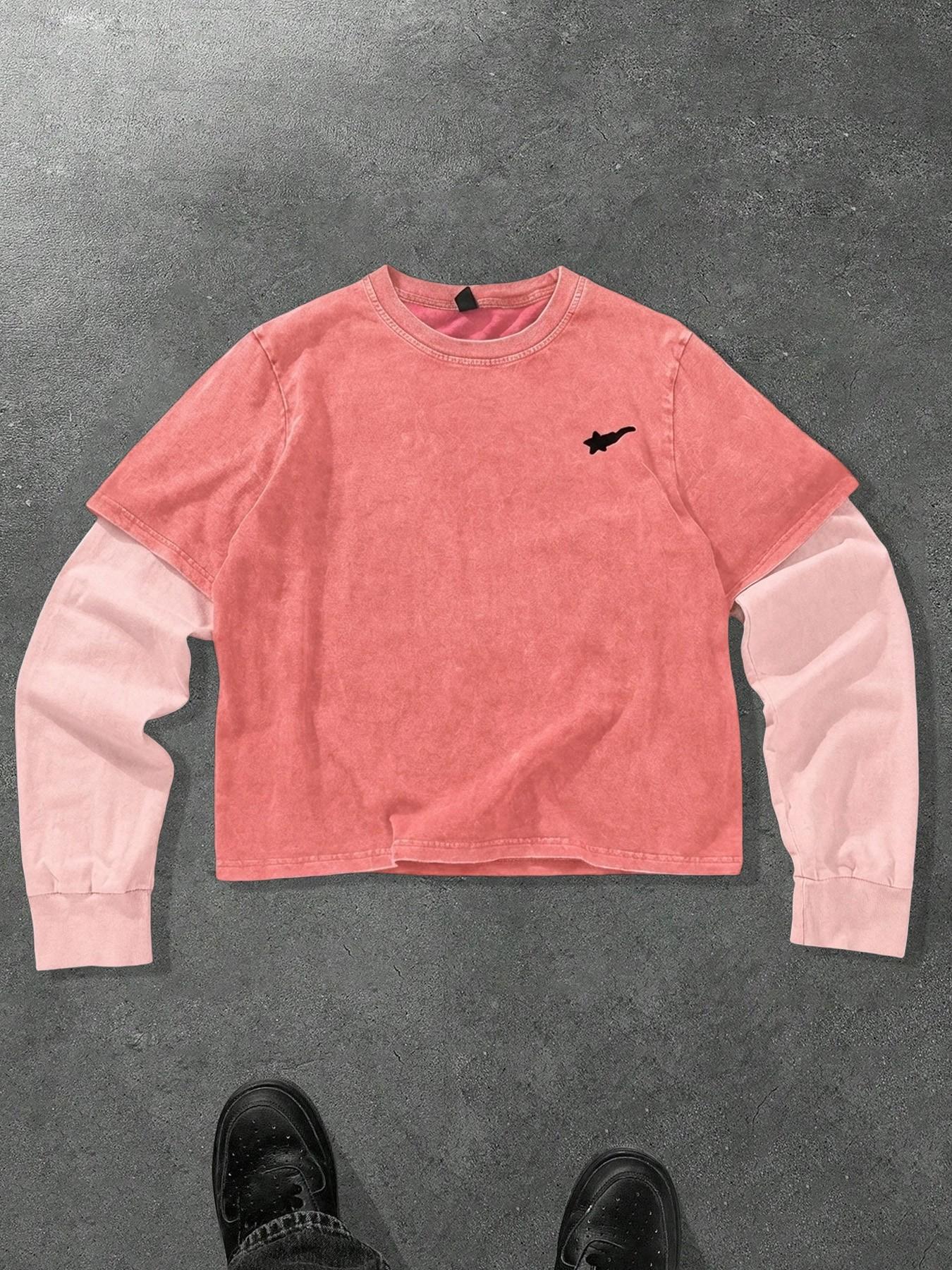 Men's Washed Cotton Mock Two-Piece Round Neck Long Sleeve Fitted Tee, with Star Print Design, a Casual and Trendy All-season Wardrobe Essential