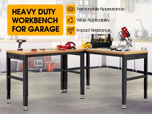 Adjustable Height Wood Workbench, 60" L X 24" W 2000 Lbs Capacity Heavy Duty Work Bench, Smooth Surface Table with Power Outlets for Garage, Workshop, Office, Home Adjustable Height Wood Workbench, 60" L X 24" W 2000 Lbs Capacity Heavy Duty Work Bench, Smooth Surface Table with Power Outlets for Garage, Workshop, Office, Home