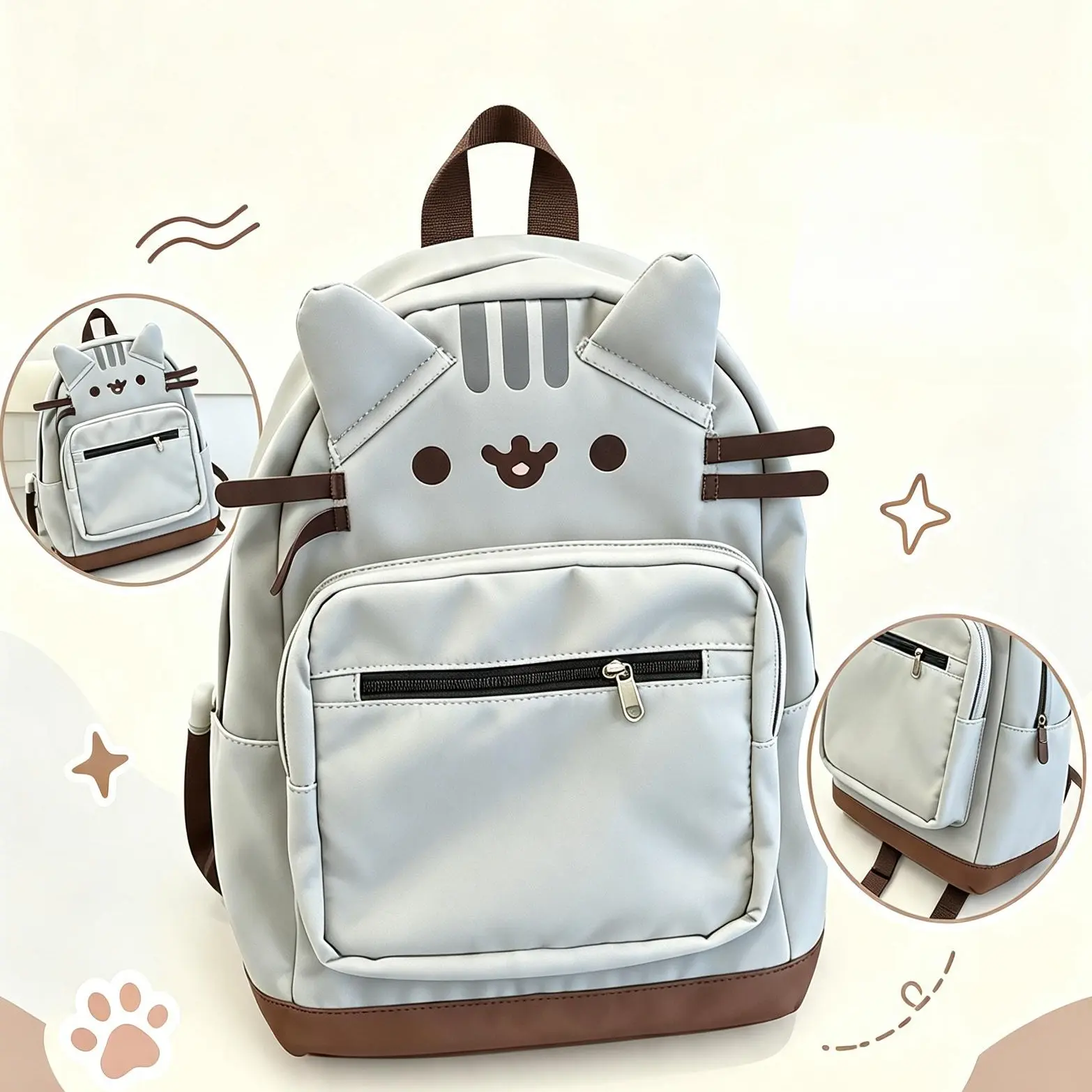 Cartoon Tabby Cat Print Unisex Backpack - Twin-Back Design, Lightweight Durable Luggage, Adjustable Straps, Zipper Closure, Stain-Resistant Easy-Clean Fabric, Carry-On Size, Dark Grey, Elementary School/Casual Travel Use, Built-In Organizer, All Seasons,