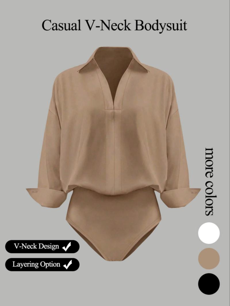 Women's casual loose V-neck long-sleeved shirt jumpsuit, elegant woven fabric, slim fit, suitable for all seasons, and can be layered flexibly.