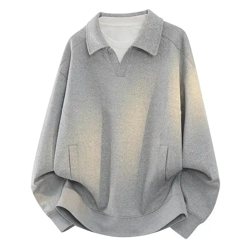 Menswear Men's Slim-Fit Pullover Polo Sweatshirt, Turn-Down Collar with Small V-Neck, Solid Textured Fabric, 2 Side Pockets, Dropped Shoulders, American Vintage Casual Trendy Top for Spring & Autumn, Multi-Color Options
