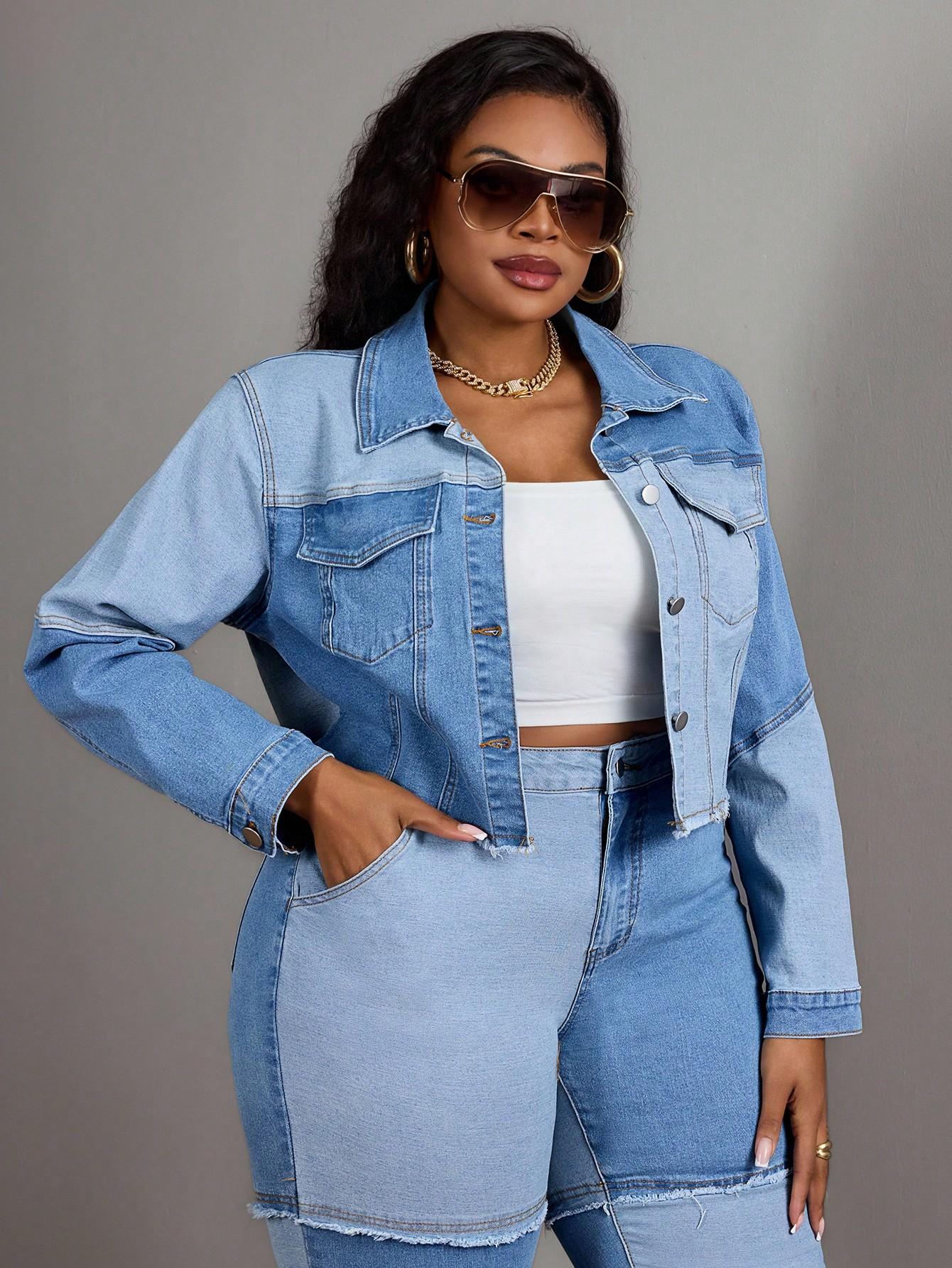 Plus Size Women's Colorblock Washed Denim Long Sleeve Jacket, Casual Fashion Outerwear, Lady Womenswear, Comfortable and Stylish, Perfect for Daily Wear