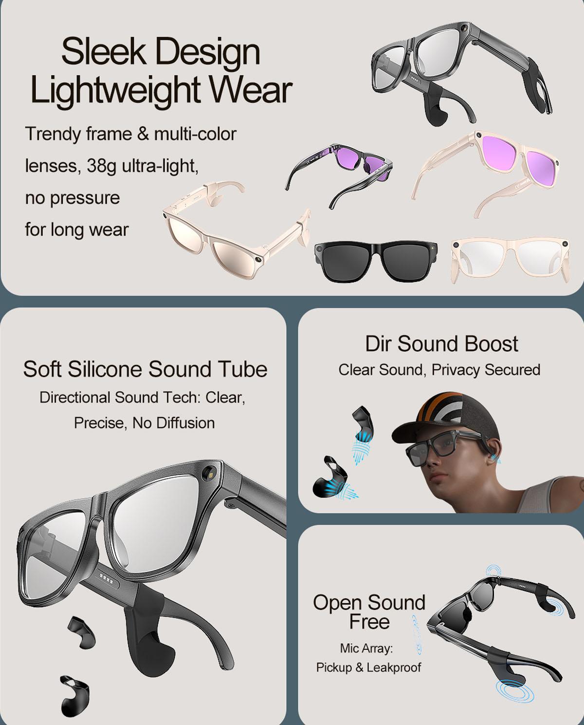 xk one pro AI wireless photo-taking glasses, equipped with an 800W camera for taking photos, AI object recognition, making and receiving calls, body-worn detection, AI translation, voice activation. Note: This product cannot record videos.