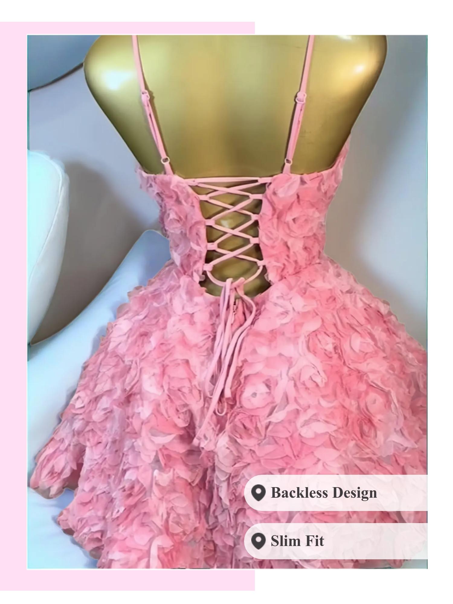 PULKRITU Women's Rose Floral Woven Spaghetti Strap Backless Sleeveless Dress, Formal A-Line Dress, Birthday Party Gown, Backless Evening Gown, Aesthetic Backless Dress