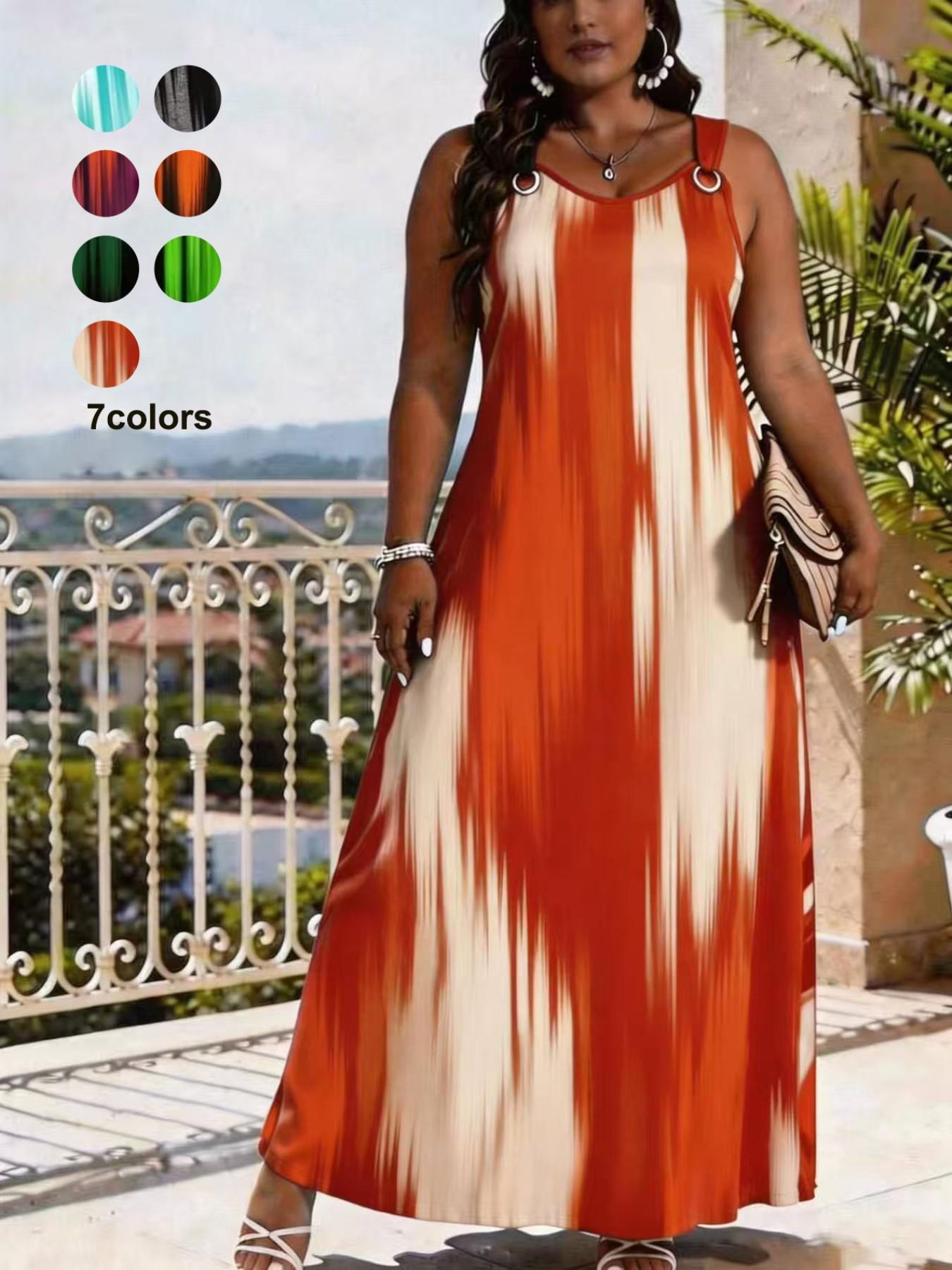 Elegant V-Neck Sleeveless Summer Maxi Dress for Women, Fashion Casual Wear, Striped Print Long Dress, Wide Strap & O-Ring Design, Perfect for Beach, Party and Daily Wear