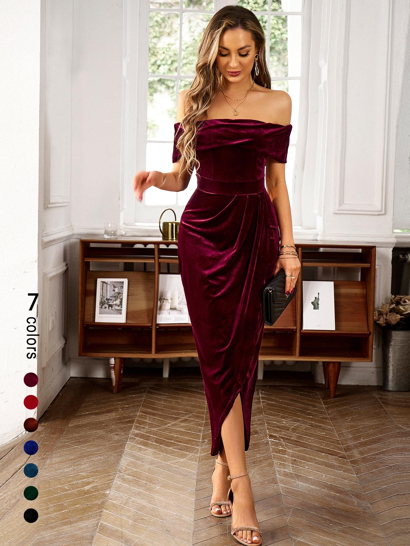 Women's Solid Color Ruched Dress, Elegant Off The Shoulder Dress for Party Dating Wear, Ladies Clothes for All Seasons Elegant Fashion Chic