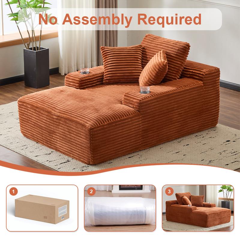 QAK 64‘’ Boneless Chaise Lounge, Upholstered Sofa Bed with Throw Pillows and Armrests, Indoor Sleeper Chair Luxurious Plush Corduroy Chair Bed for Living Room No Assembly Required