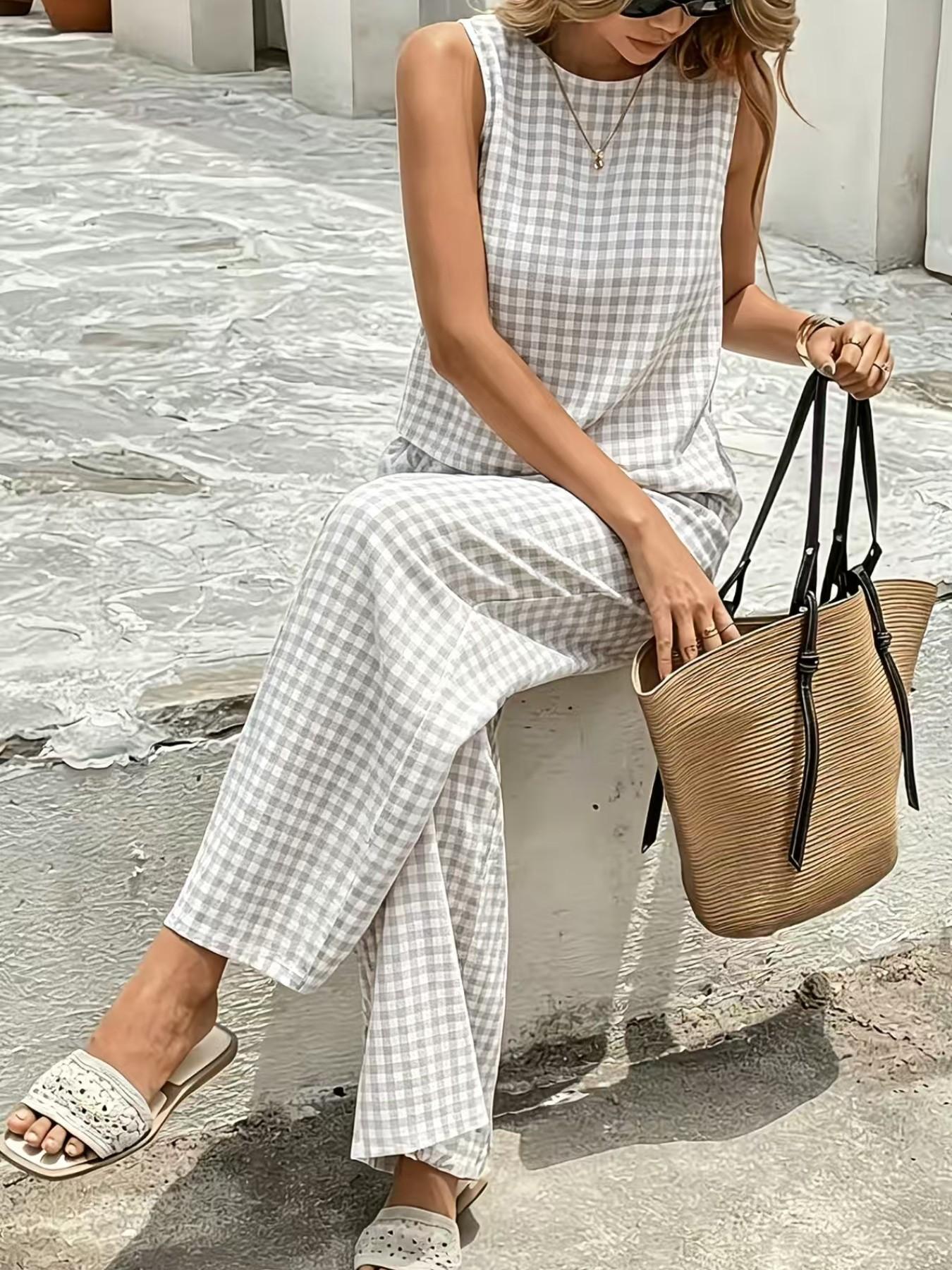 Women's 2-Piece Vintage Plaid Set, Casual Tank Top and Wide-Leg Pants, Summer Comfortable Matching Outfit
