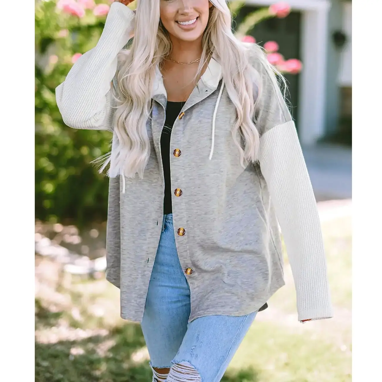 Women's Hooded Button Down Shacket, Color Block Ribbed Long Sleeve Oversized Casual Shirt Jacket with Drawstring Hood