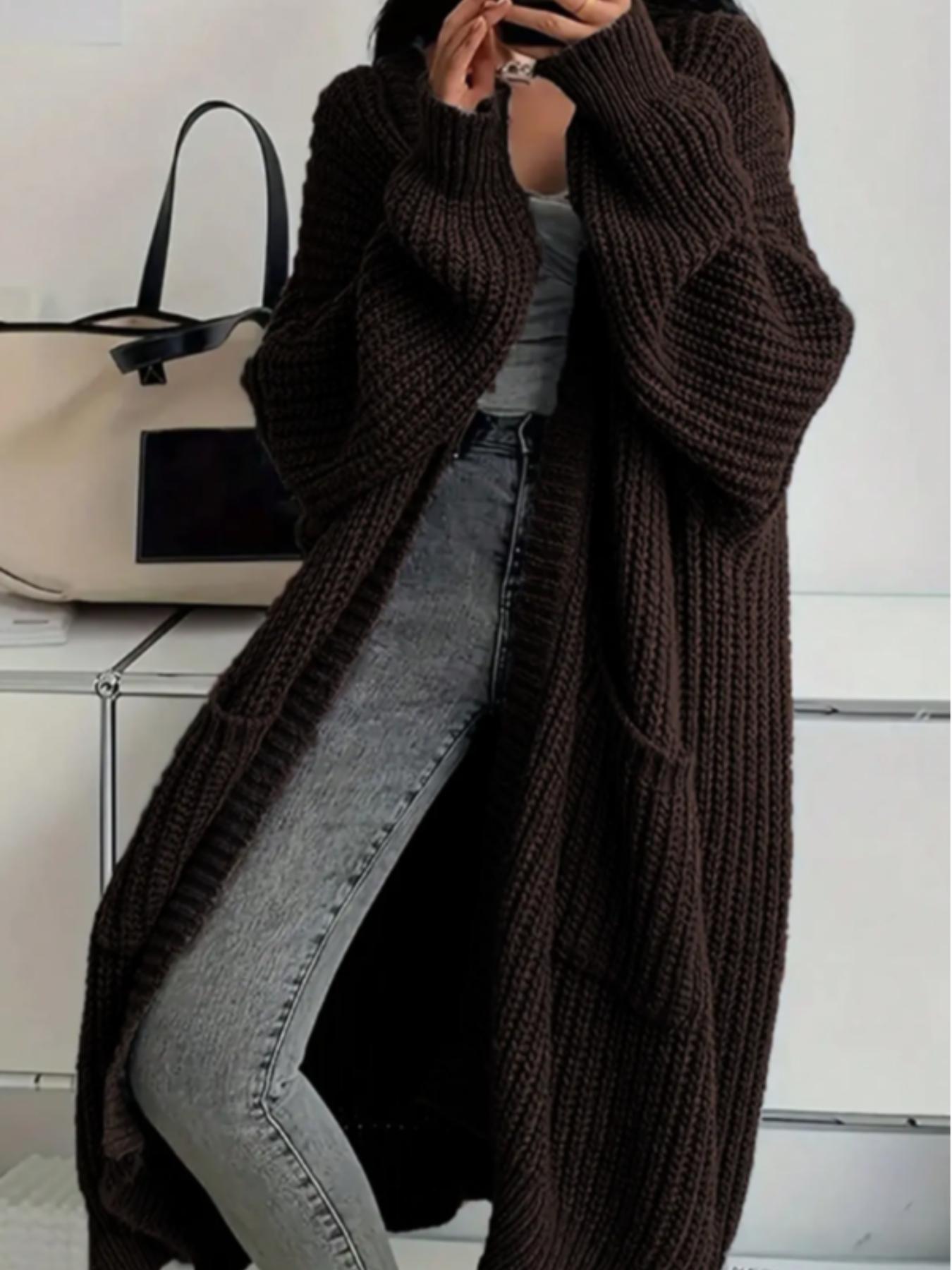 2026 Elegant Long Over Knee Sweater Cardigan For Women, Fall Winter New Casual Loose Thick Knit Coat, Trendy Fashion Outerwear, Knitted Cardigan Tops