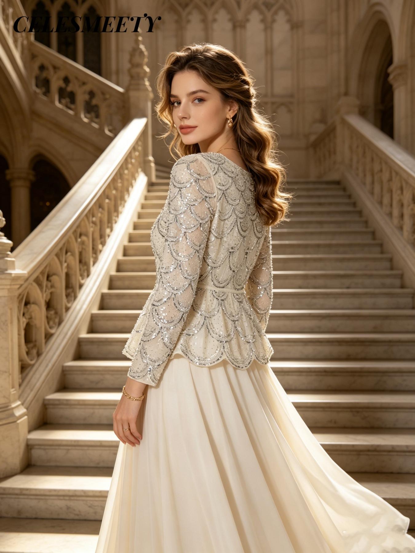 Celesmeety Women's Elegant Formal Wear Embroidered Sequin Gown Chic High Neck Sequin Long Dress, Chiffon Sheer Long Sleeve, Perfect for Wedding Guests, Graduation Dance, Dinner Party, Wedding Guest Dresses