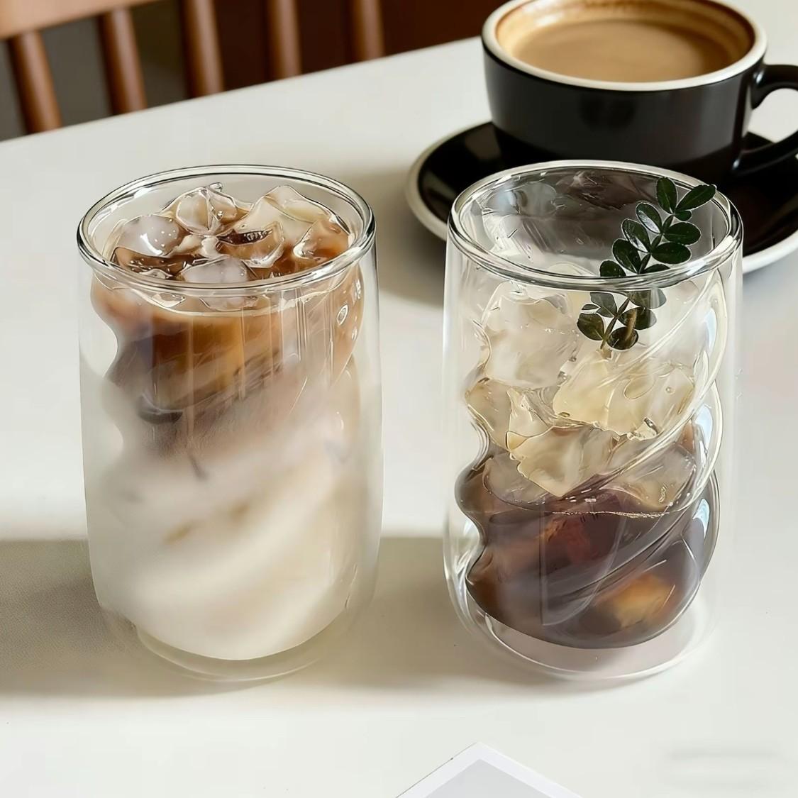 1/2/4 Pcs High Borosilicate Glass Cups, Drinkware, Spiral Design Double Wall Insulated Anti-Scald, Food Grade BPA Free Heat Resistant, Microwave Dishwasher Safe Reusable Breakfast Ice Coffee Beverage Cups, Perfect for Summer Winter Daily Home Office Use
