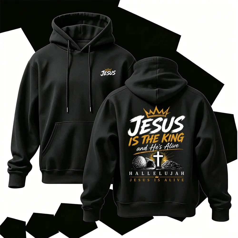Jesus Is The King And He's Alive Front & Back Print Hoodie Empty Tomb Cross Graphic Christian Faith Soft Casual Pullover Sweatshirt