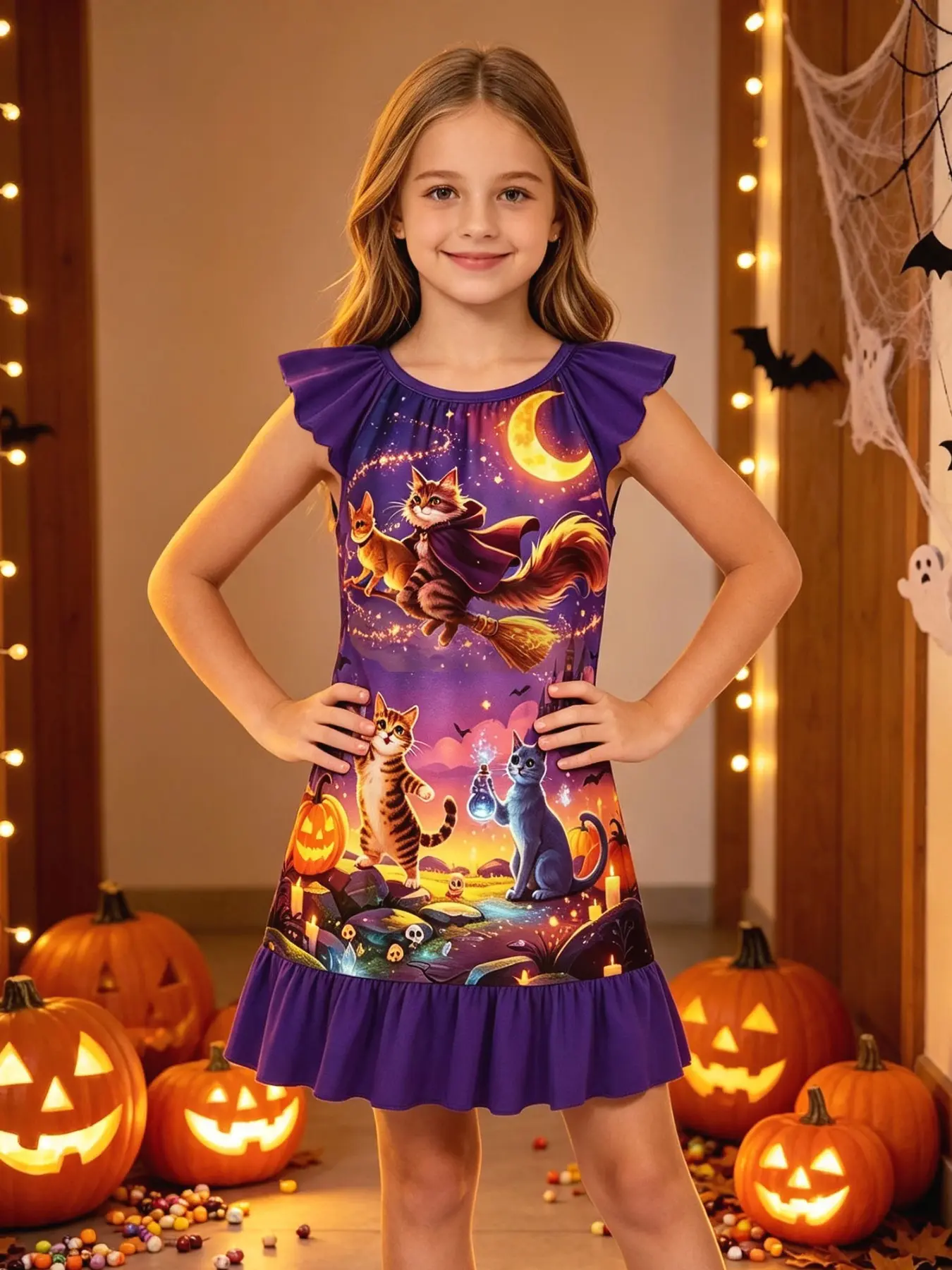 Halloween Girls' Trick-Or-Treat Dress, Cute Pumpkin and Ghost Print, Loose-Fitting Casual Dress, Perfect for Halloween Costume