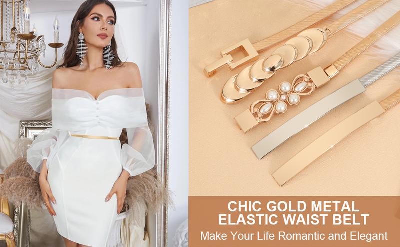 JASGOOD Women Skinny Metal Waist Belt Gold Waistband Elastic Metal Chain Waist Belt for Dress