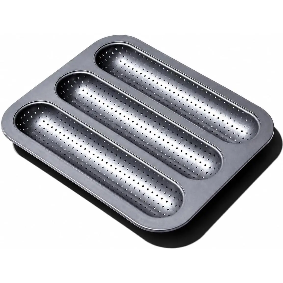 12 in Hoagie Roll Baking Pan, 3-Slot Perforated Carbon Steel Tray | Nonstick Bread Mold, For Sub Rolls, Hoagies, French Bread, Mini Baguettes And Homemade Sandwich Rolls