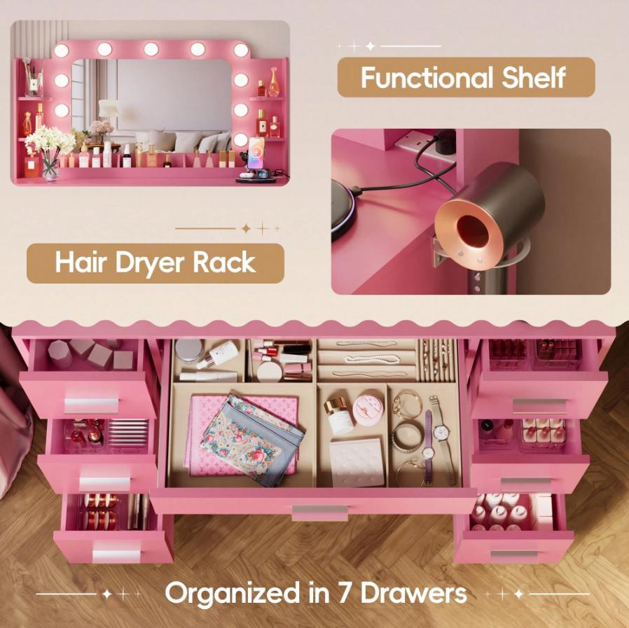 FURMAX Makeup Vanity Desk With Mirror & Lights, Large Vanity With 7 Drawers & 4 Storage Shelves