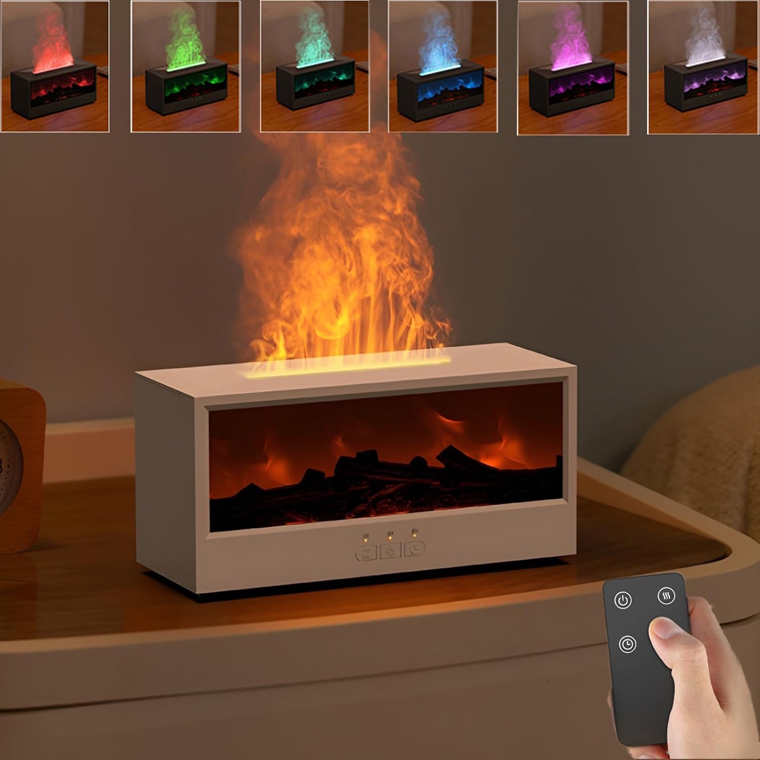 Flame Essential Oil Fireplace Diffuser, Remote Control Humidifier, Aroma Diffuser Humidifiers, 150ML Ultrasonic Cool Mist, 7 Color Lights, Timer, Auto Shut off