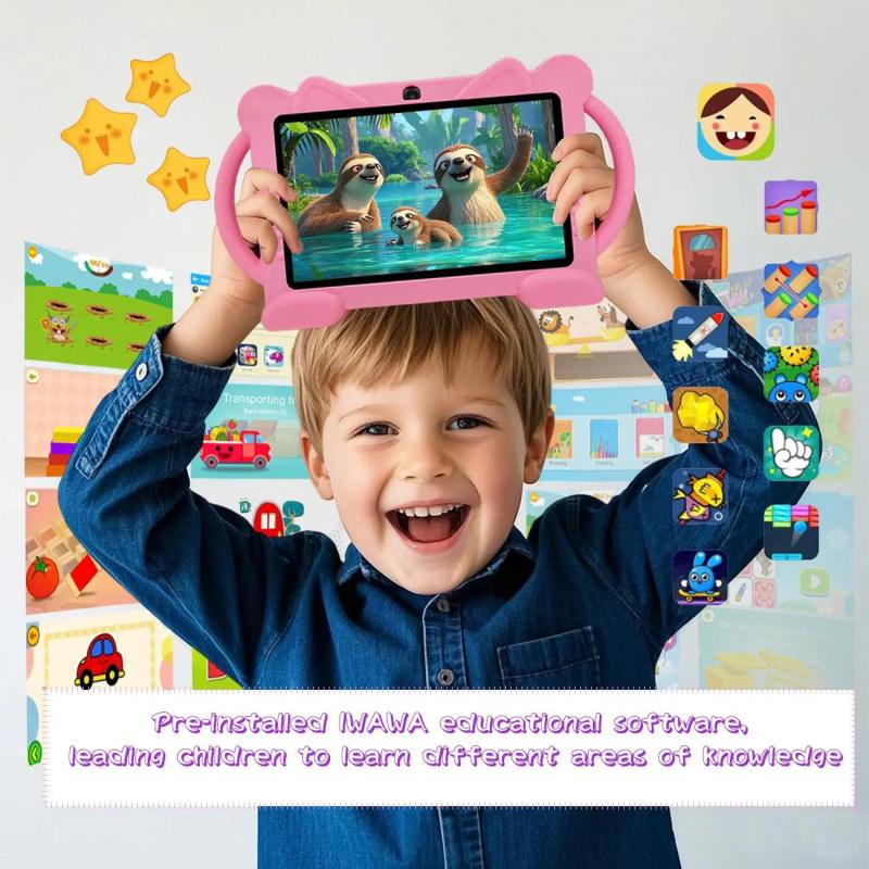 7-inch Android tablet, Learning tablet, education and entertainment all-in-one, portable, suitable for multiple scenarios, with parental control feature, children's soft silicone tablet, best birthday gift