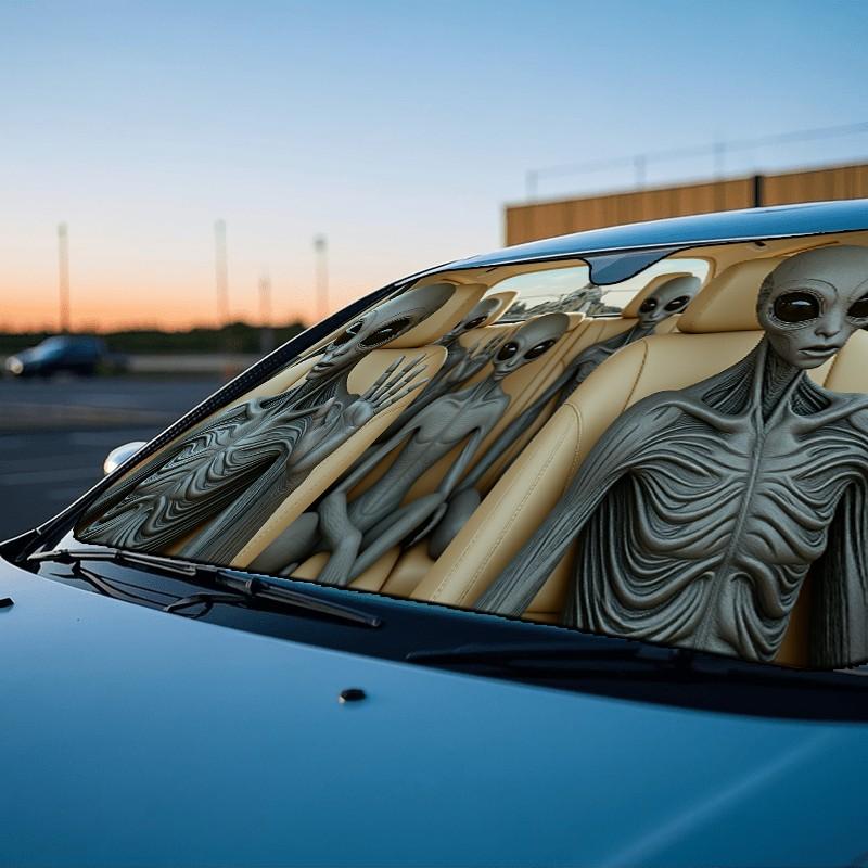 Funny Alien Crew Car Windshield Sunshade with 2 Suction Cups, Universal Fit Front Window Sun Shade, Blocks UV Rays & Keeps Car Cool, Novelty Auto Sun Protector