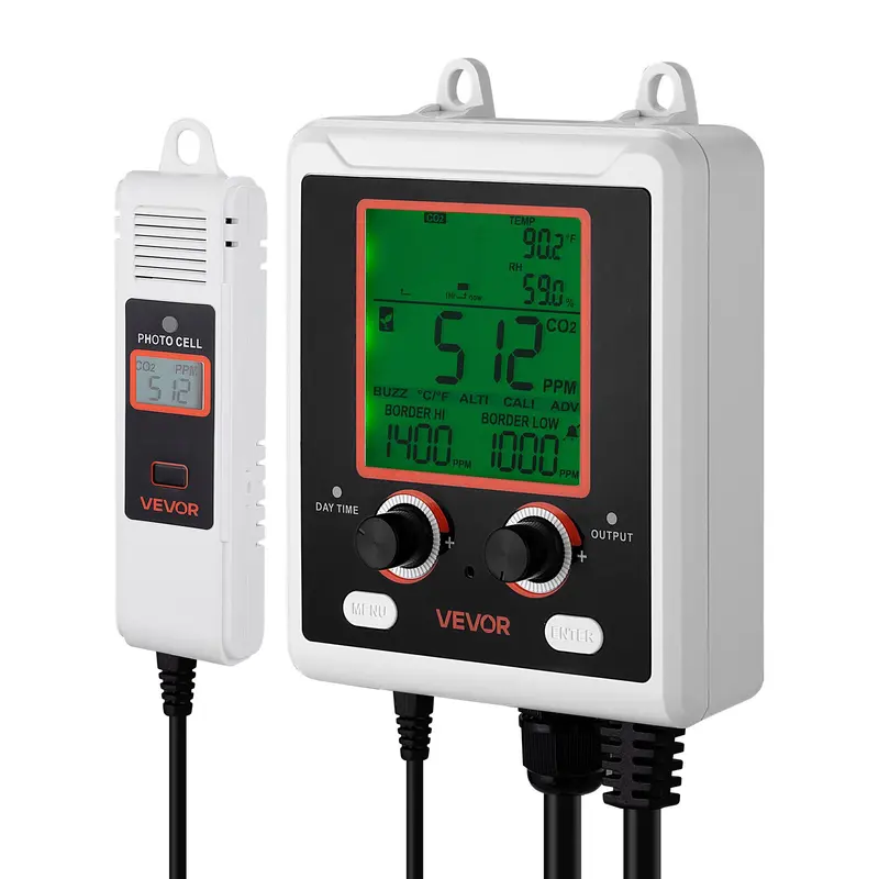 VEVOR Hanging Compact Digital CO2 Monitoring Controller with NDIR Sensor, LCD Display, 0-5000ppm Range, Dual Outlets, Day-Night Detection, Human Auto Sensing, Auto Ventilation, Accurate CO2 Tracking, 1.61 lbs, 32-122°F/0-50°C for Greenhouse