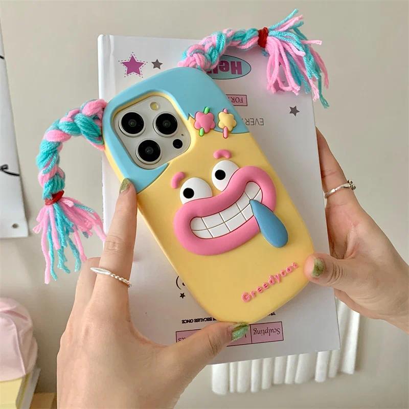 3D Funny long braid cute girl phone case iphone11 12 13 14 15 16 Pro 13pro Max Funny shockproof protection soft silicone Kawaii