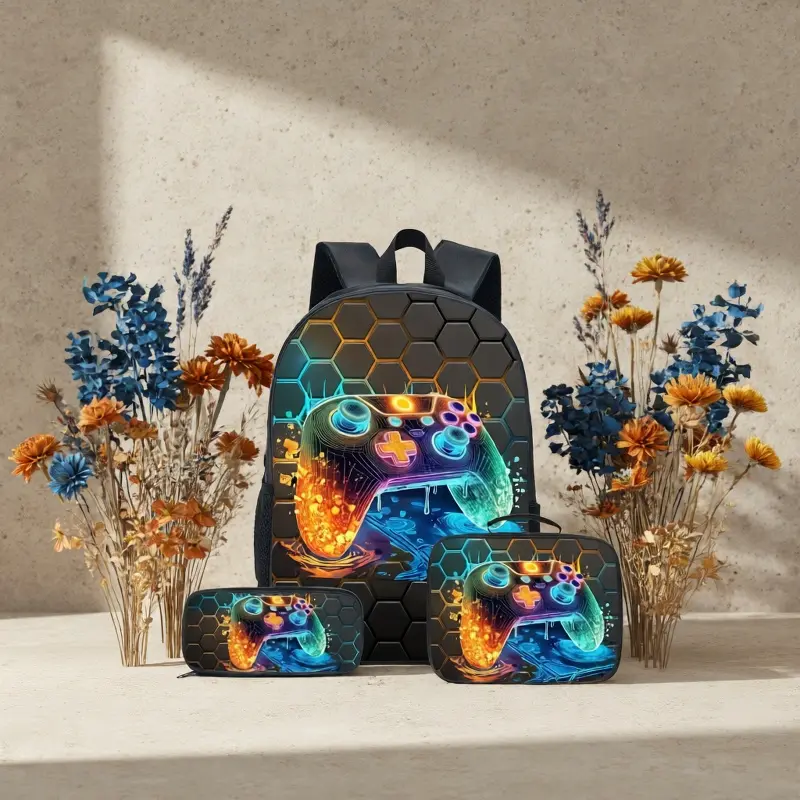 Gaming Console Trendy Pattern Backpack, Men's Large Capacity 3pcs Set Backpack, Casual Backpack