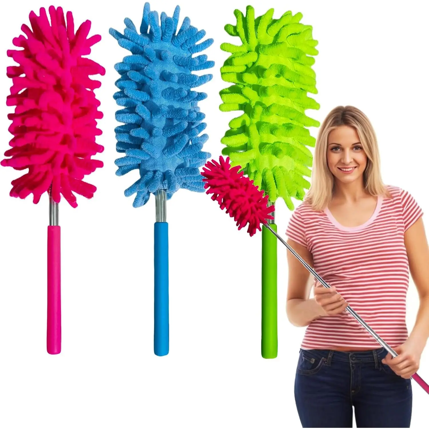 3 Pack Retractable Long- Washable Duster for Cleaning, Microfiber Hand Duster Brush with Telescoping Pole for Cleaning , Window, Furniture, Office