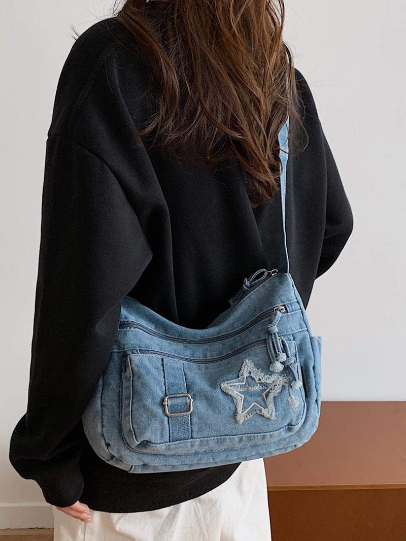 Fashion trend casual Joker shoulder messenger bag, Denim messenger bag, niche design retro wash jeans craft commuter shoulder messenger bag, personality versatile  multi-zipper design suitable for student ， shopping， trips and so on.