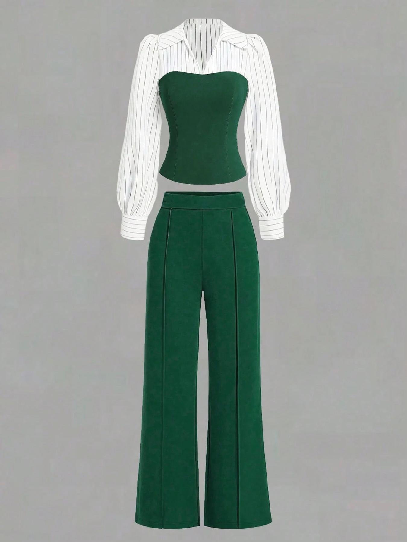 Women's Long Sleeve Colorblock Patchwork Shirt Set, Slimming Waist Design, Straight Leg Pants, Casual Fashion, 2 Piece Set