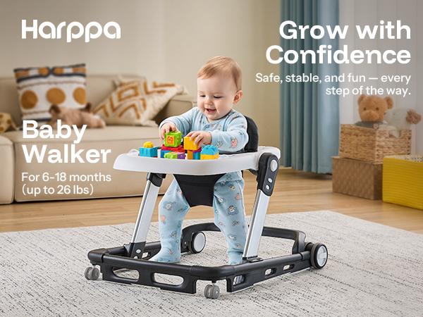 HARPPA Paddlo Lite | Adjustable Infant Toddler Baby Walker, andador Foldable Baby Walker with Wheels & Dining Plate, For 6-18 Months Babies, Baby Items Essential