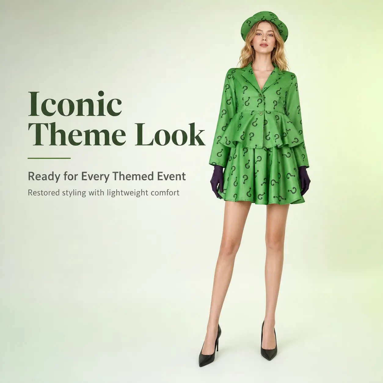 Women's Cute Fashion Comic Riddler Cosplay Costume - Green Question Mark Printed 2-Piece Blazer & Skirt Set with Smooth Hat, Gloves for Halloween