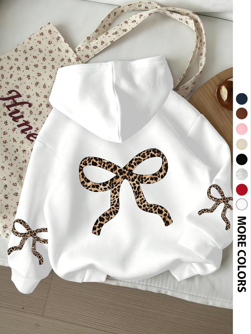 Women's Vintage Leopard Bow Design Hoodie, Casual Long Sleeve Sweatshirt, Fall & Winter Clothing, Daily Wear