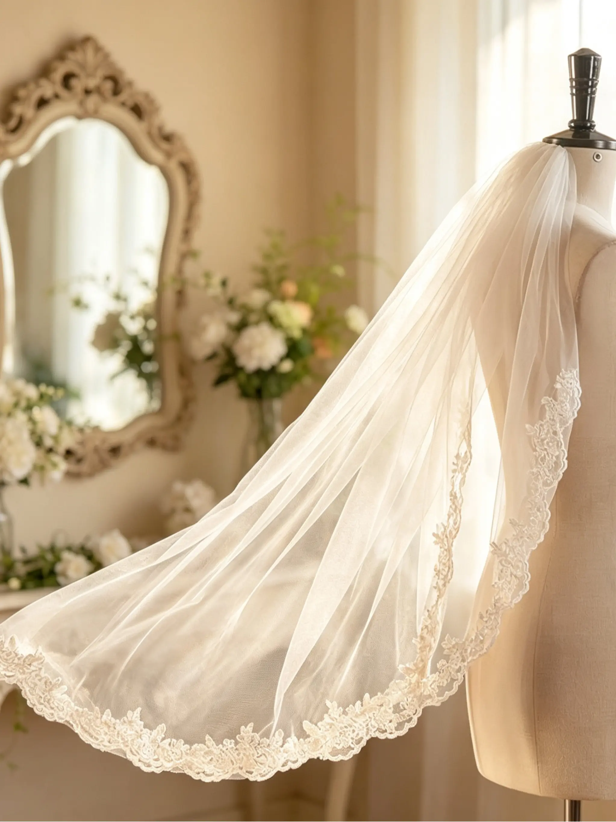 90cm Fingertip Length Wedding Veil with Delicate Floral Lace Edge, Single Layer Soft Tulle Bridal Veil with Hidden Comb for Wedding Photography