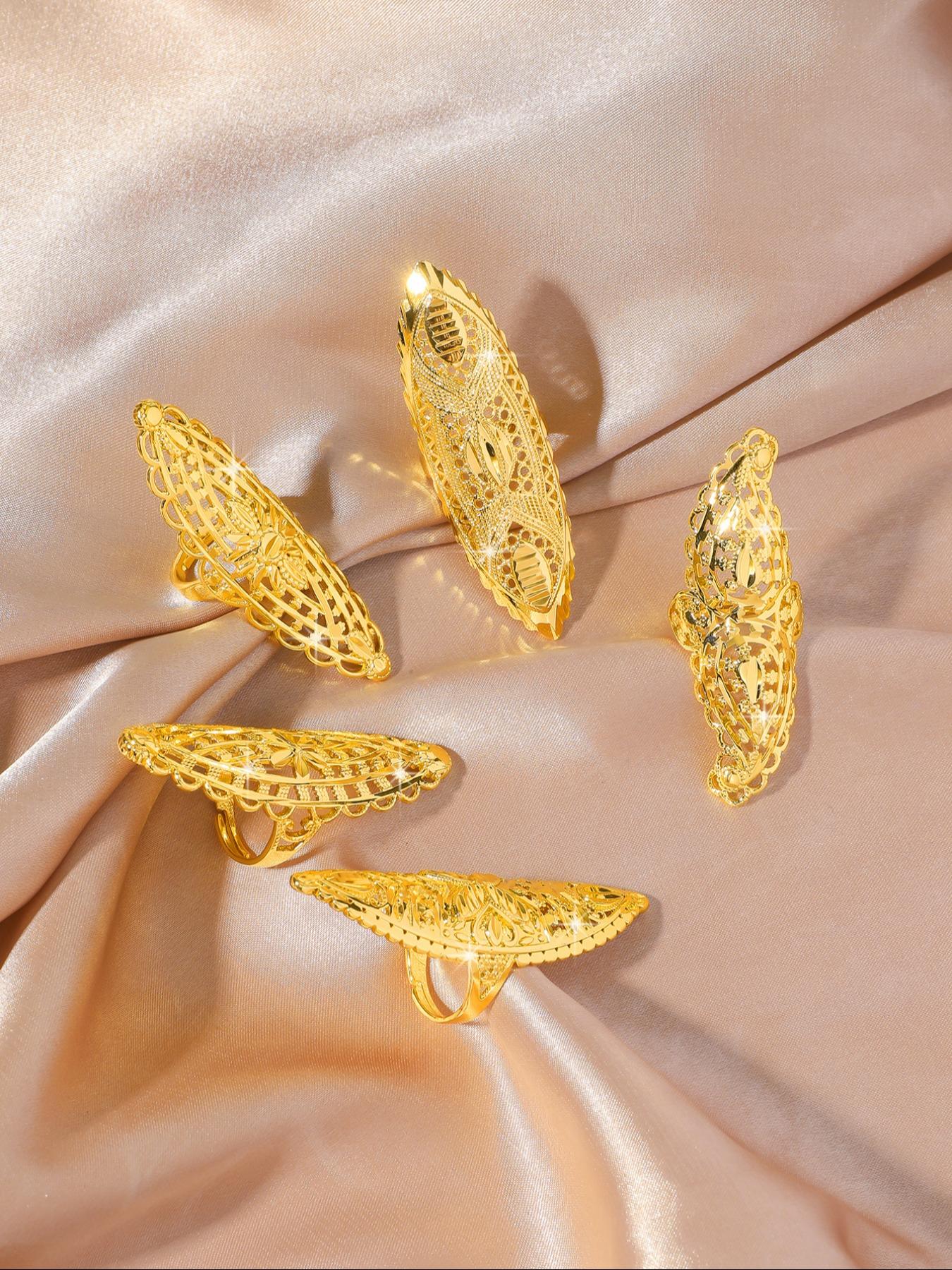 5-piece set of geometric pattern hollow ring, flower clover ring, Dubai Arab Middle Eastern style jewelry, copper plated adjustable 24k women's long ring, suitable for giving to girlfriends, delicate gifts for friends, daily gifts, Elegant Everyday Ring
