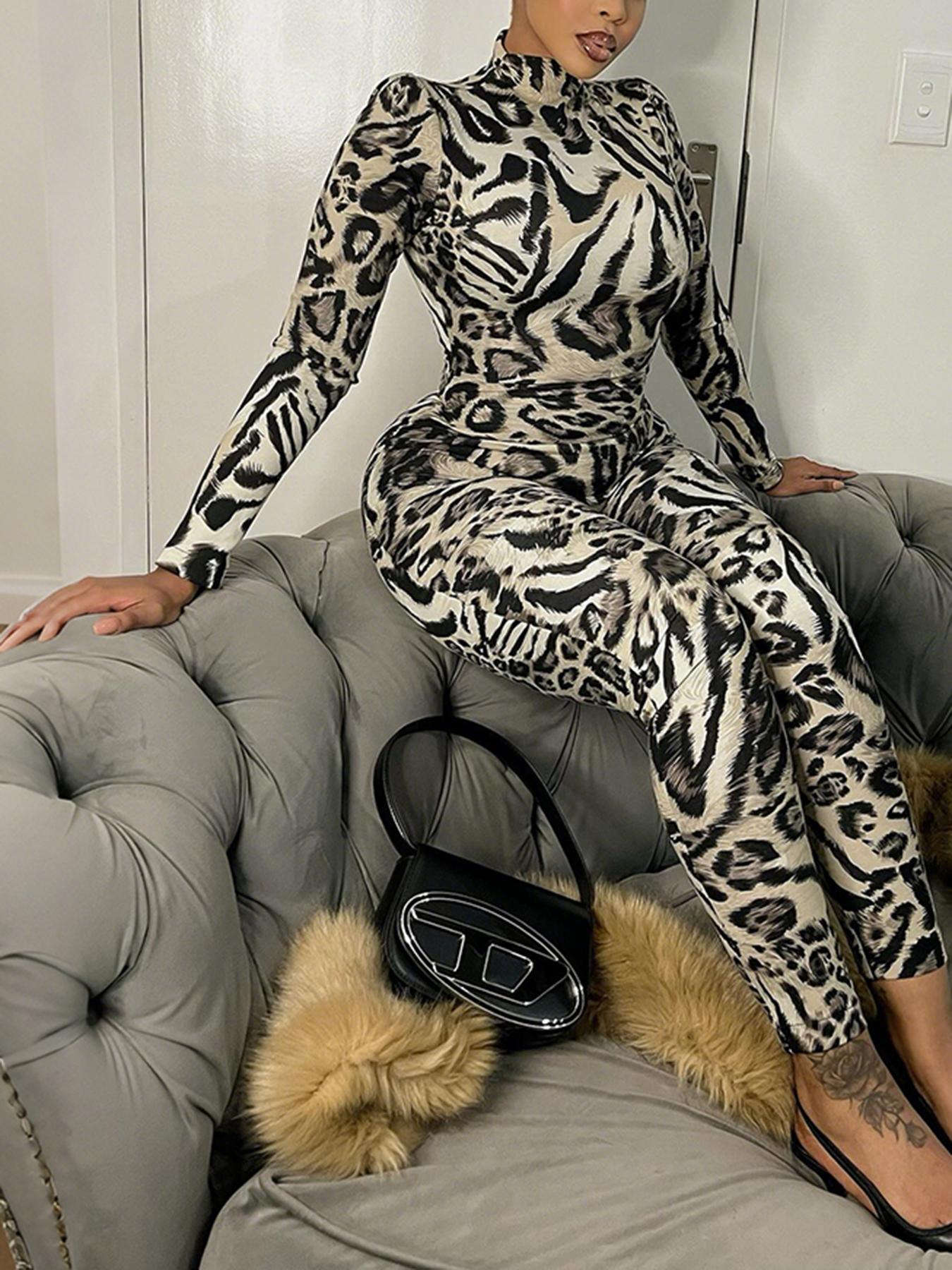 Women's Fashion Leopard Print Long Sleeve High Waist Slim Fit Jumpsuit, Sexy Sporty Chic Style, Fall & Winter Wear, Perfect for Casual