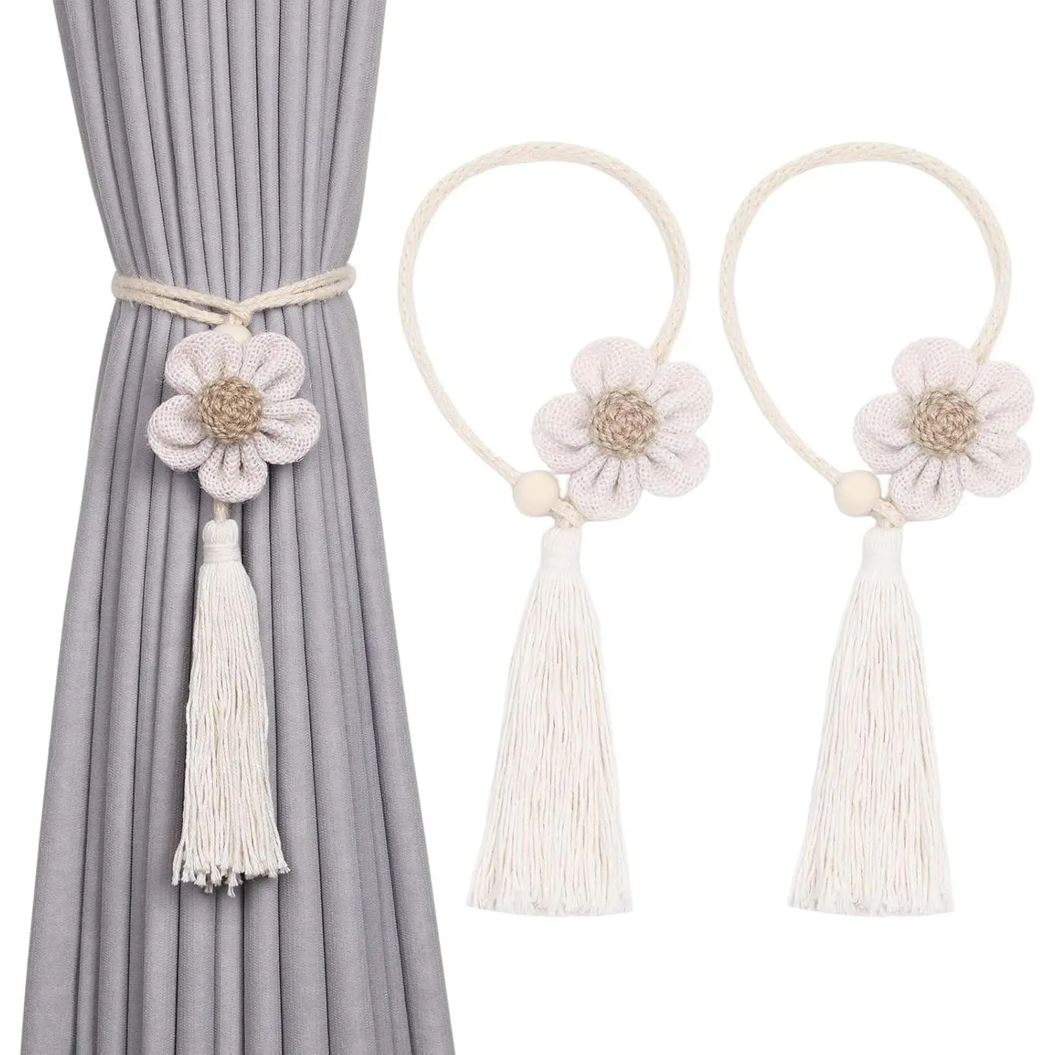 2 Pack Cute  Tassel Curtain Tiebacks  Braided Rope Drape Tie Backs  Rustic Style Decorative Curtain Holdbacks for  & Office Window Drapery (J-Beige)