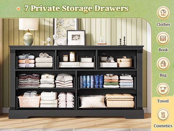 Hasuit Black Dresser for Bedroom, Wooden 55.1" Long Dressers Chest of Drawer, Farmhouse 7 Drawer Dresser with Thick Styling, Large Capacity Storage Cabinet Organizer, Wide Dressers for Bedroom Hallway