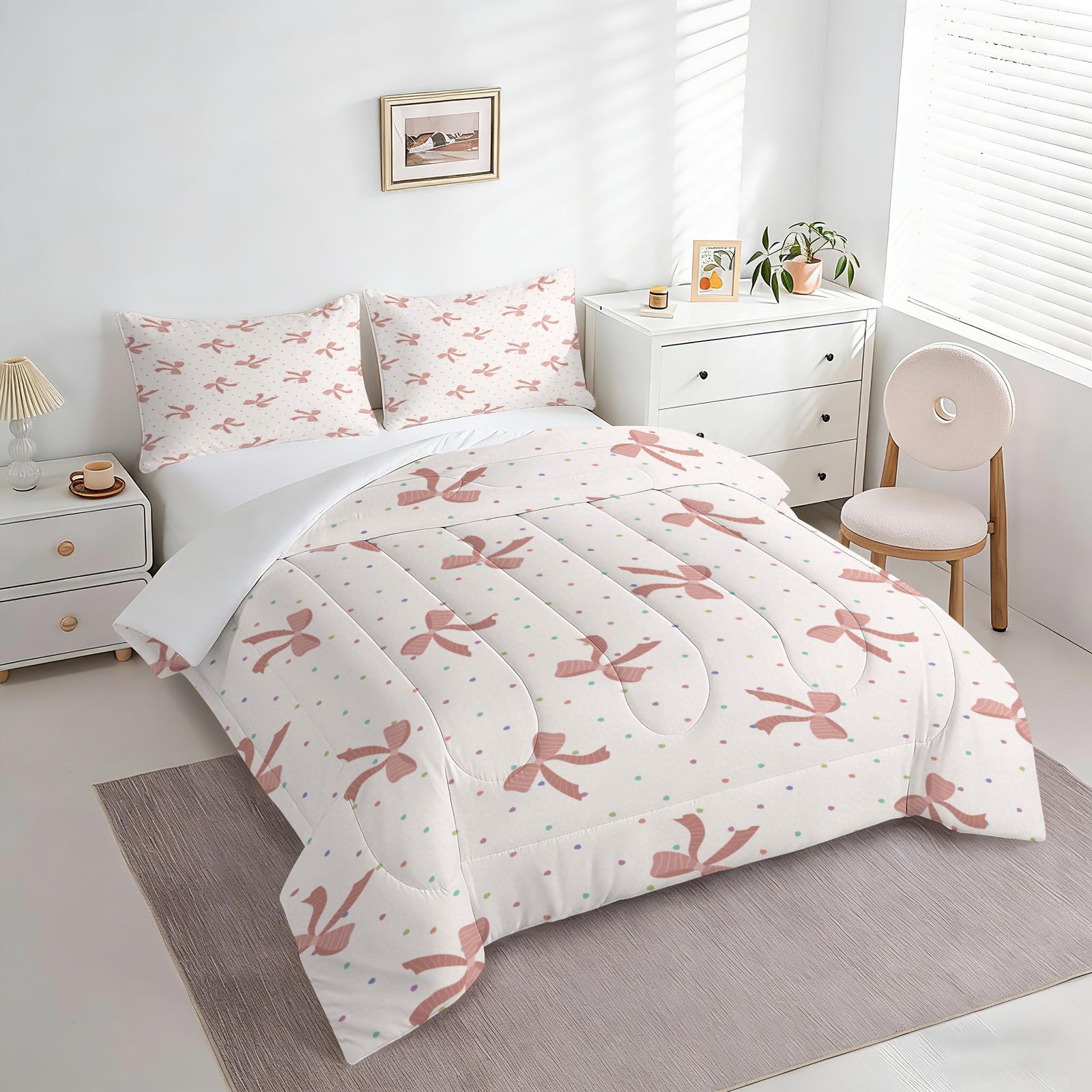 2/3Pcs Black Bow Print Comforter Set, Soft Microfiber Bedding Set with Pillowcases, Coquette Aesthetic Quilt, All Season Lightweight Digital Printed Bed Set for Girls Teens Bedroom Decor