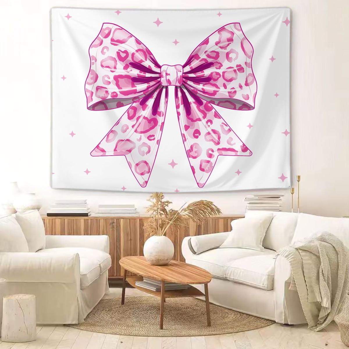 Pink Leopard Bow Tapestry, Cute Y2K Wall Hanging, Aesthetic Tapestries, Soft Wall Blanket, Girly Backdrop Decor for Girls Bedroom & Dorm Room
