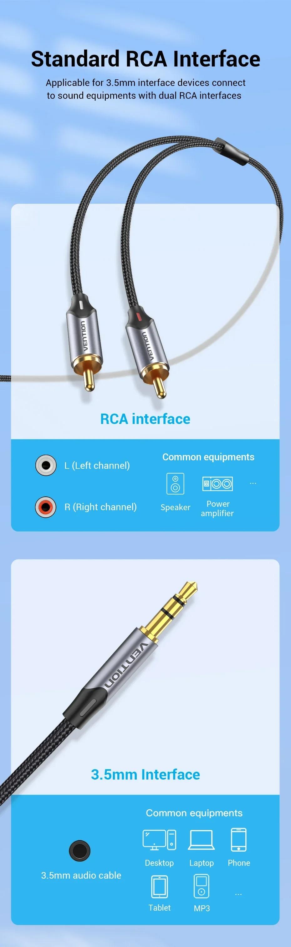 Vention RCA Cable 3.5mm to 2RCA Splitter Jack Audio Cable for Smartphone Amplifier Home Theater 3.5 AUX RCA TV Box Adaptador 0.5m 1m 1.5m 2m 3m 5m
